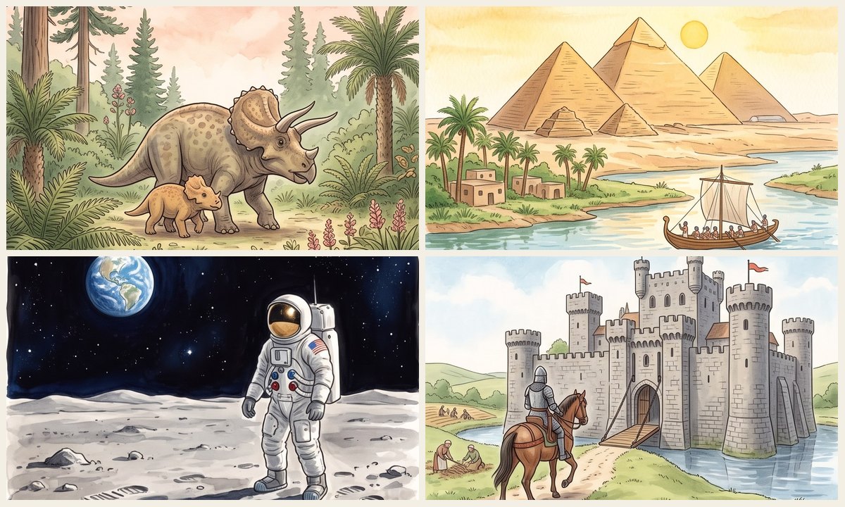 Illustrated history timelines for kids: watercolor pictures of a Triceratops, the pyramids of Egypt, an astronaut on the Moon and a castle