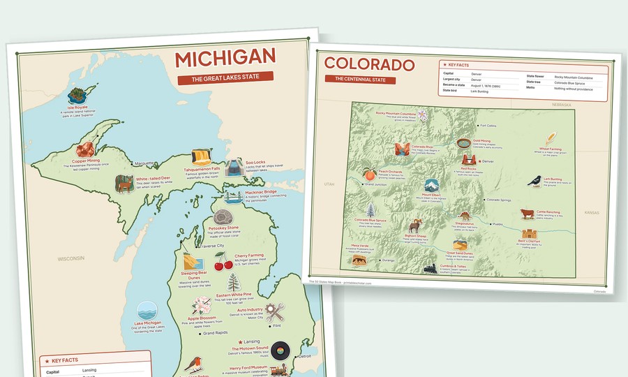 Illustrated landmark maps of Michigan and Colorado