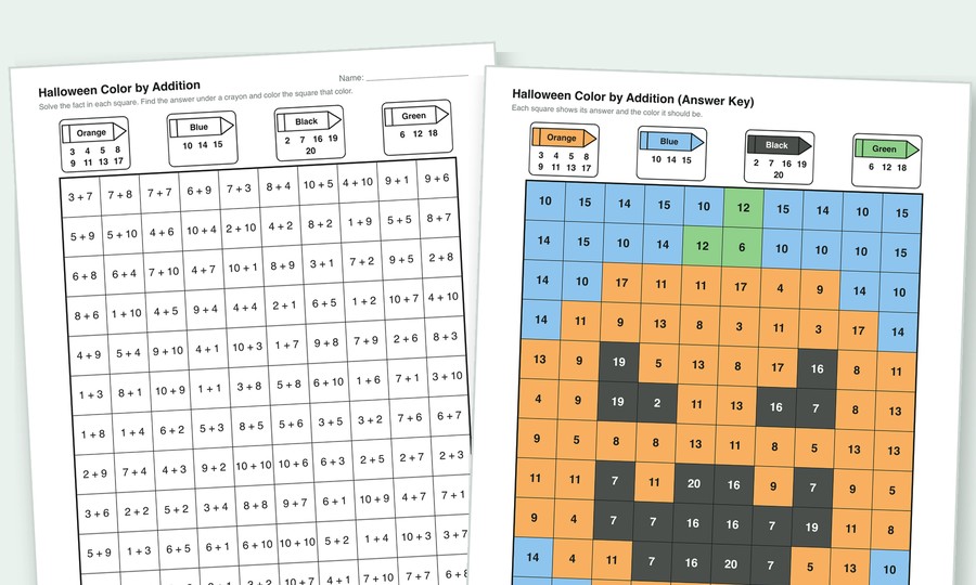 A color by addition sheet beside its answer key, colored in to show a jack-o-lantern
