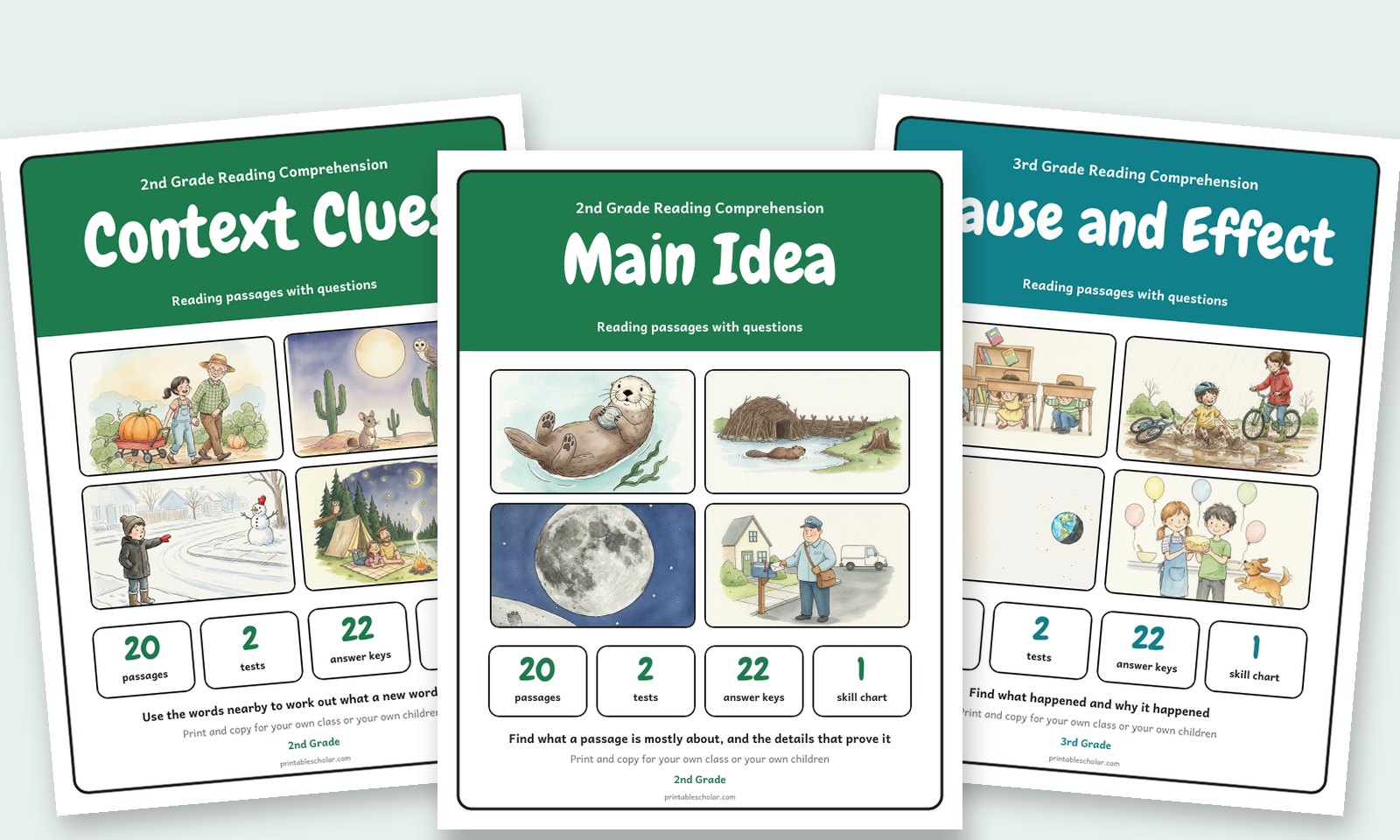 Covers of three reading comprehension packs: Context Clues, Main Idea, and Cause and Effect