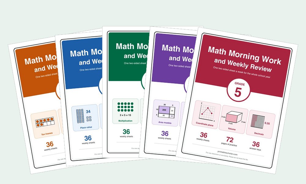 Five Math Morning Work and Weekly Review covers, one for each grade from 1st to 5th