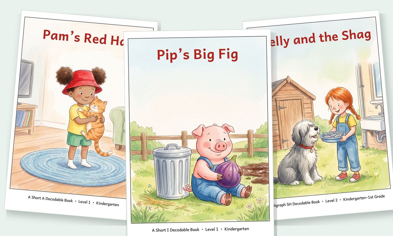 Three illustrated decodable mini-book covers: Pam&rsquo;s Red Hat, Pip&rsquo;s Big Fig and Shelly and the Shag