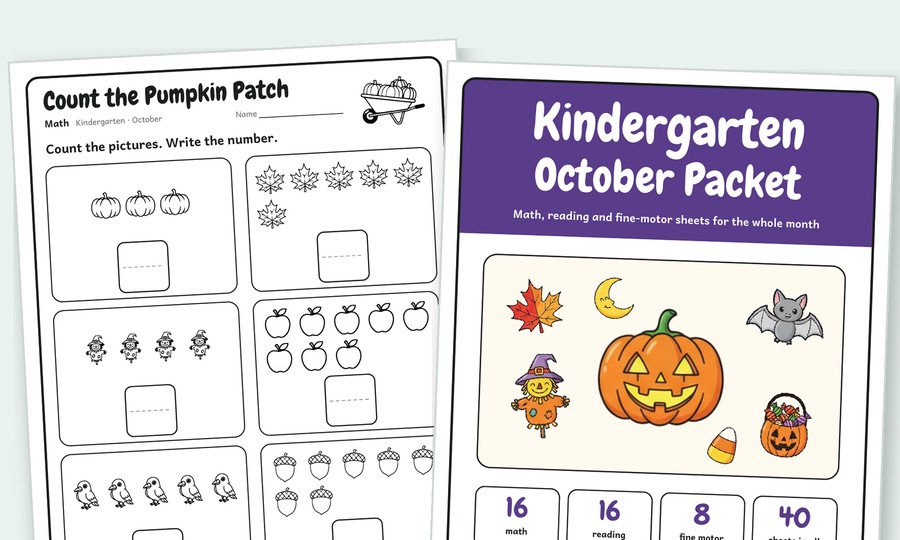 The Kindergarten October Packet cover with a jack-o-lantern, and the Count the Pumpkin Patch sheet