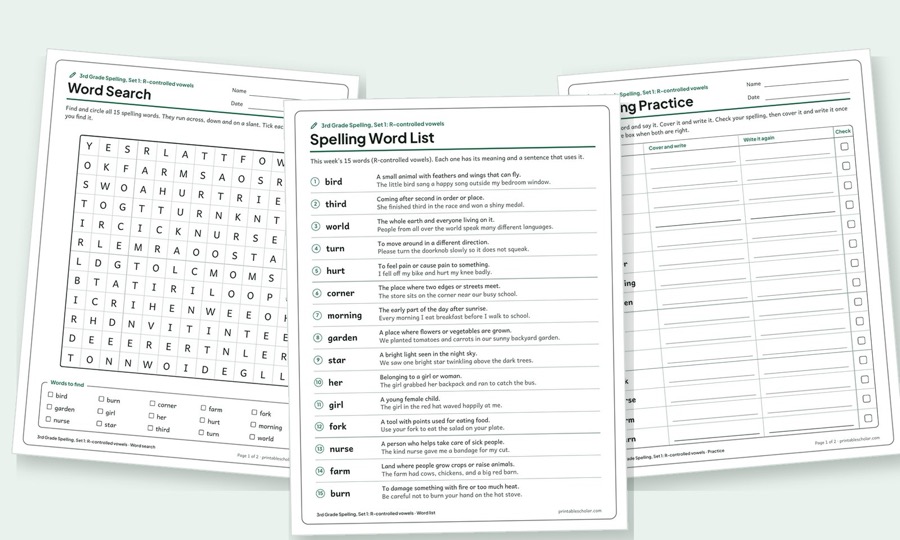 A spelling word list, a word search and a practice sheet from one weekly set