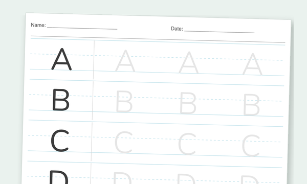 A real printed alphabet tracing worksheet with dotted letters