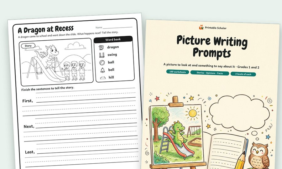 The prompt sheet A Dragon at Recess and the Picture Writing Prompts cover