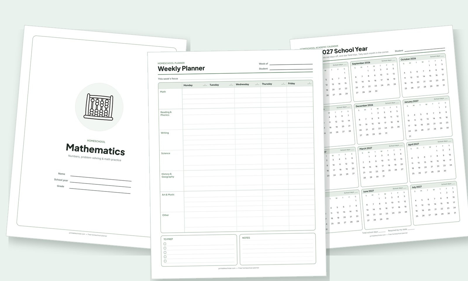 Free homeschool planner printables: weekly planner, Mathematics binder cover, and 2026–2027 homeschool calendar