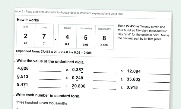 Decimals worksheets preview