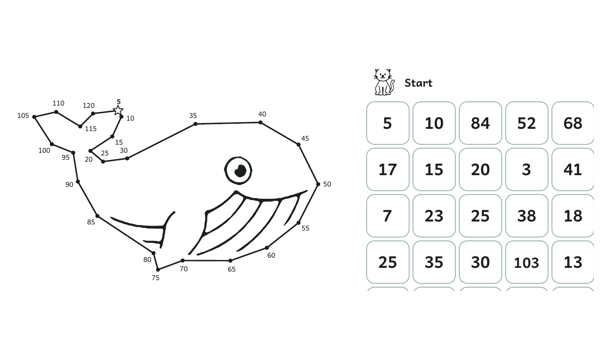 A whale dot-to-dot counting by 5s beside a skip counting maze