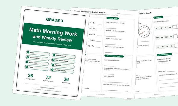 Math morning work cover and a weekly spiral review sheet