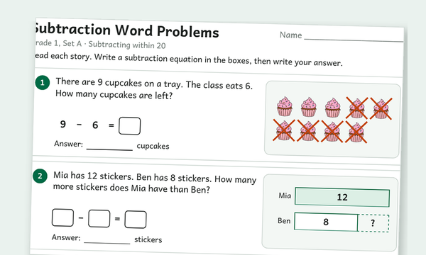Subtraction word problems worksheet preview