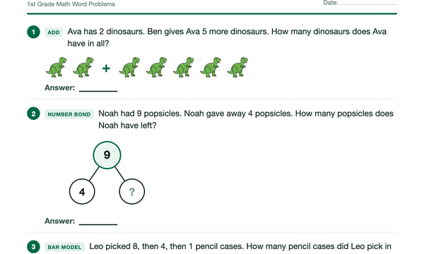 Picture math word problems preview — number bonds, bar models, fraction bars