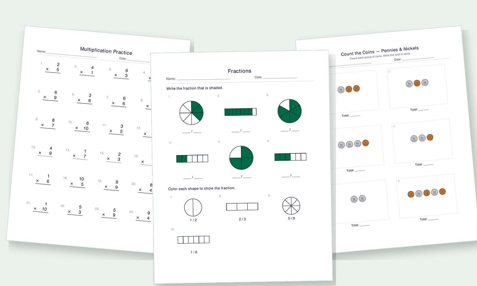 Real math worksheets: multiplication practice, fractions, and counting coins