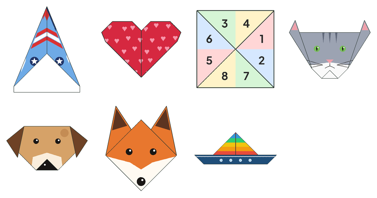 Finished origami from the printable sheets: a paper airplane, a heart, a fortune teller and animal faces