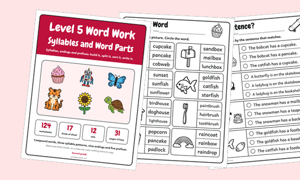Level 5 Word Work, Syllables and Word Parts: the pack cover and two worksheets