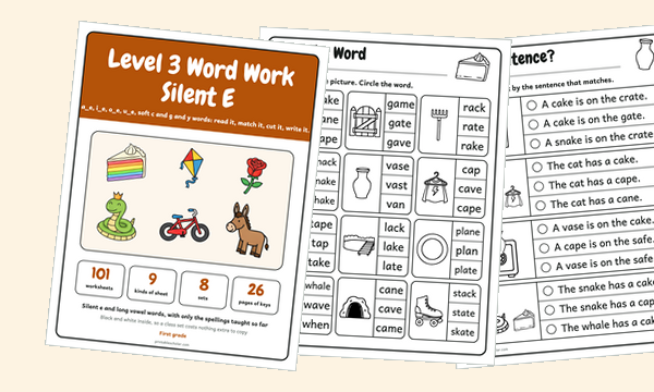 Level 3 Word Work, Silent E: the pack cover and two worksheets