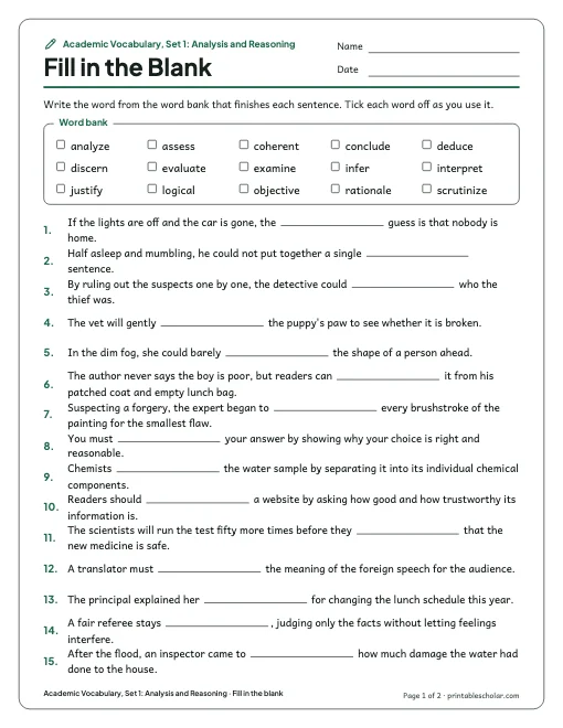Academic Vocabulary, Set 1: Analysis and Reasoning: fill in the blank preview