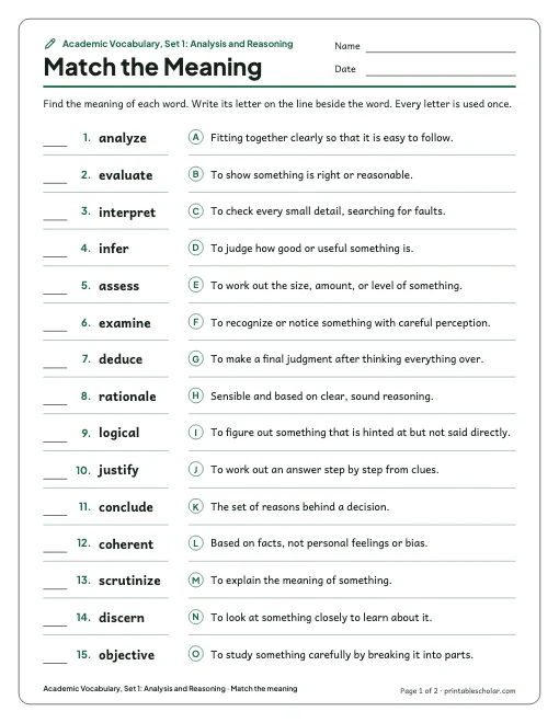 Academic Vocabulary, Set 1: Analysis and Reasoning: match the meaning preview