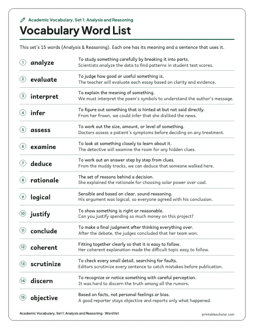 Academic Vocabulary, Set 1: Analysis and Reasoning: word list preview