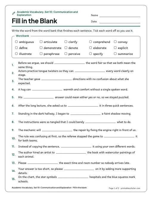 Academic Vocabulary, Set 10: Communication and Explanation: fill in the blank preview