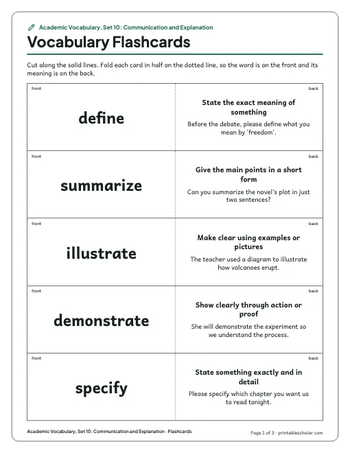 Academic Vocabulary, Set 10: Communication and Explanation: flashcards preview