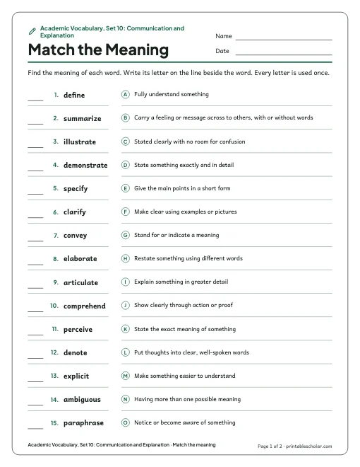 Academic Vocabulary, Set 10: Communication and Explanation: match the meaning preview