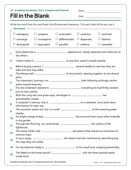 Academic Vocabulary, Set 2: Compare and Contrast: fill in the blank preview