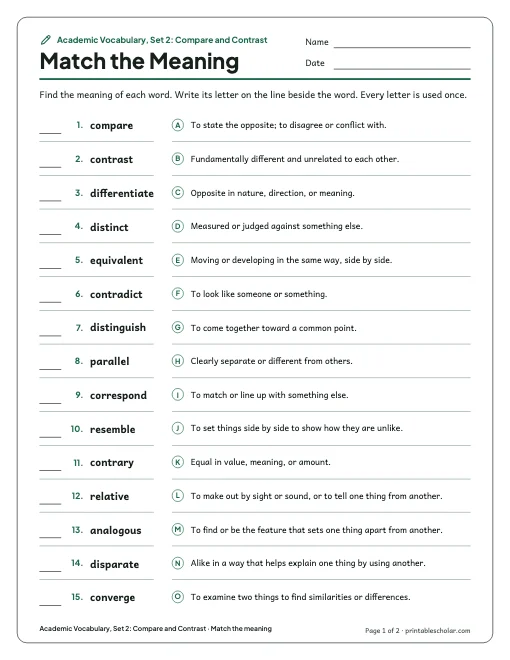 Academic Vocabulary, Set 2: Compare and Contrast: match the meaning preview