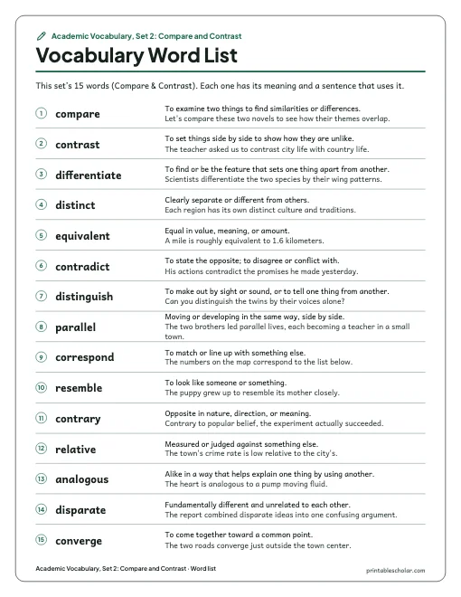 Academic Vocabulary, Set 2: Compare and Contrast: word list preview
