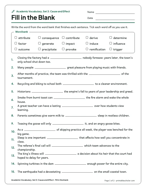 Academic Vocabulary, Set 3: Cause and Effect: fill in the blank preview