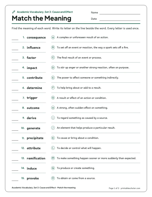 Academic Vocabulary, Set 3: Cause and Effect: match the meaning preview