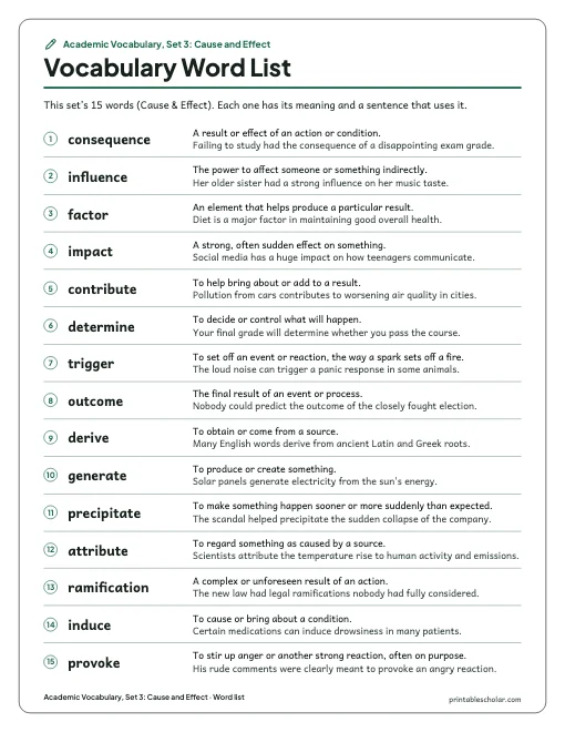 Academic Vocabulary, Set 3: Cause and Effect: word list preview
