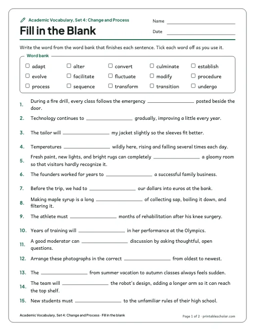 Academic Vocabulary, Set 4: Change and Process: fill in the blank preview
