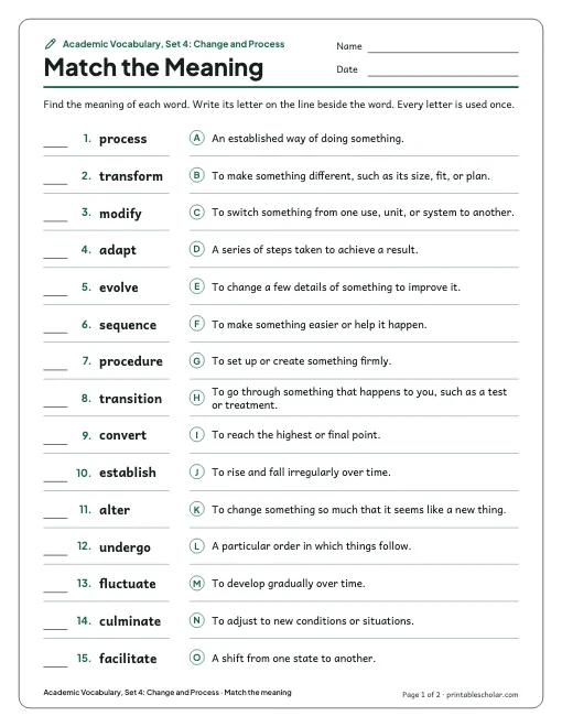 Academic Vocabulary, Set 4: Change and Process: match the meaning preview