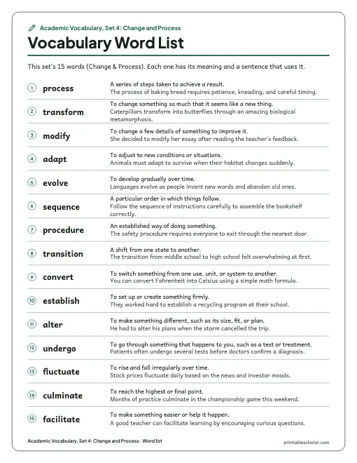 Academic Vocabulary, Set 4: Change and Process: word list preview