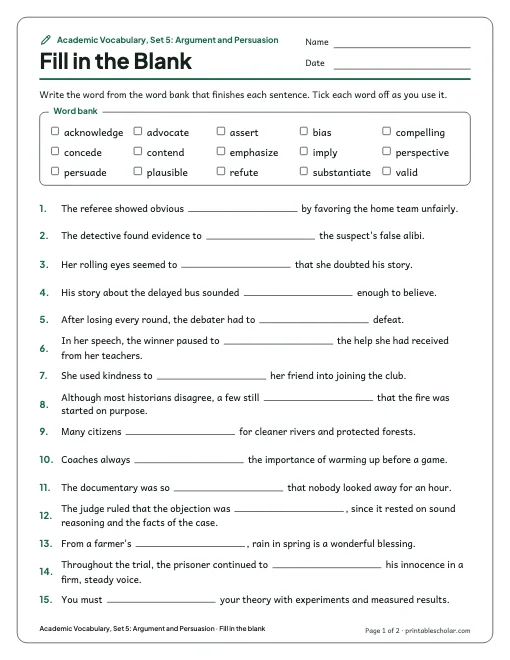 Academic Vocabulary, Set 5: Argument and Persuasion: fill in the blank preview