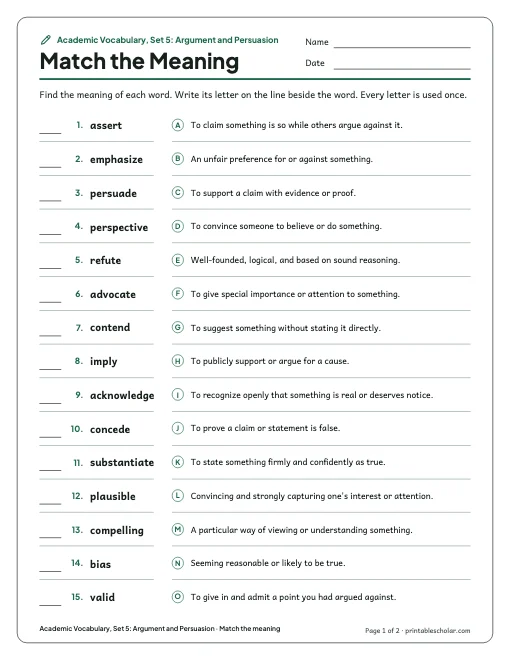 Academic Vocabulary, Set 5: Argument and Persuasion: match the meaning preview