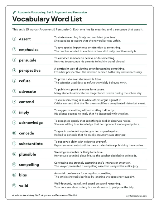 Academic Vocabulary, Set 5: Argument and Persuasion: word list preview