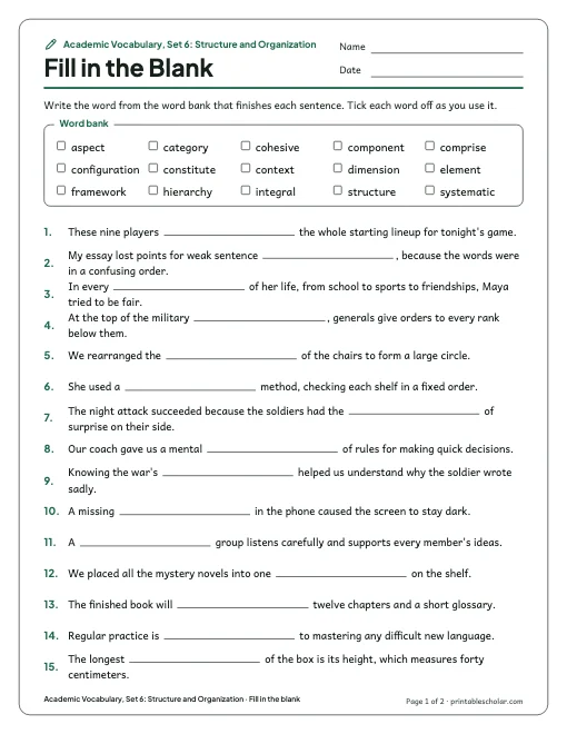 Academic Vocabulary, Set 6: Structure and Organization: fill in the blank preview