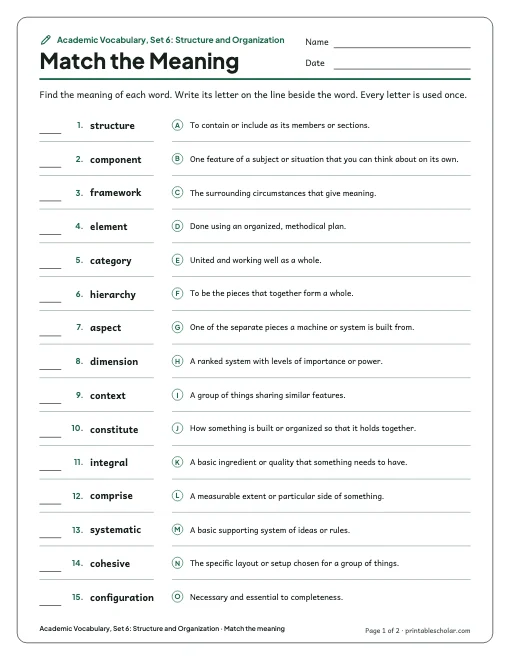 Academic Vocabulary, Set 6: Structure and Organization: match the meaning preview