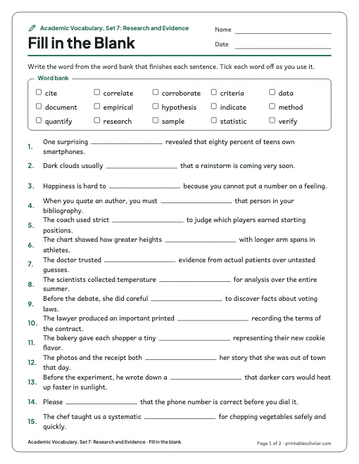 Academic Vocabulary, Set 7: Research and Evidence: fill in the blank preview