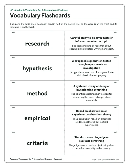 Academic Vocabulary, Set 7: Research and Evidence: flashcards preview