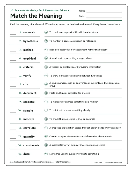 Academic Vocabulary, Set 7: Research and Evidence: match the meaning preview