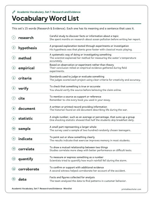 Academic Vocabulary, Set 7: Research and Evidence: word list preview