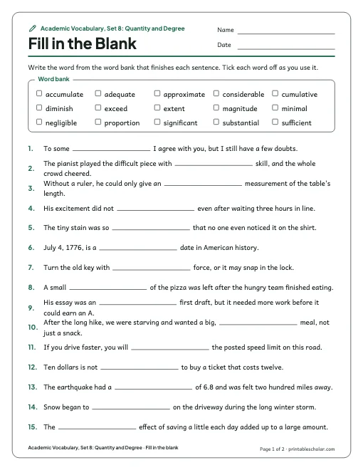 Academic Vocabulary, Set 8: Quantity and Degree: fill in the blank preview