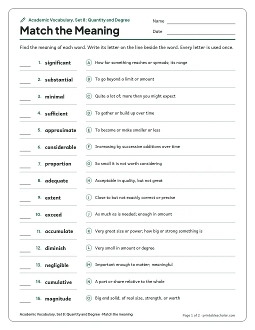 Academic Vocabulary, Set 8: Quantity and Degree: match the meaning preview
