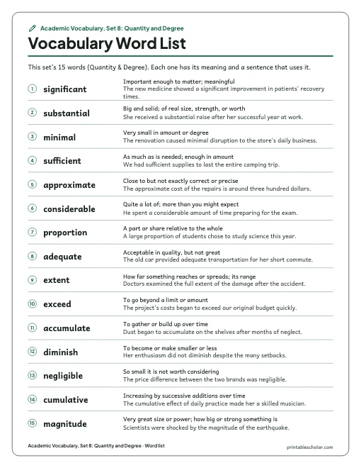 Academic Vocabulary, Set 8: Quantity and Degree: word list preview