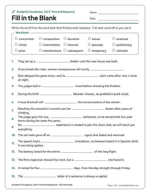Academic Vocabulary, Set 9: Time and Sequence: fill in the blank preview