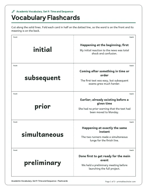 Academic Vocabulary, Set 9: Time and Sequence: flashcards preview