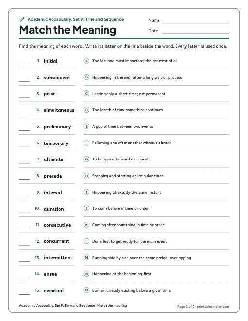 Academic Vocabulary, Set 9: Time and Sequence: match the meaning preview